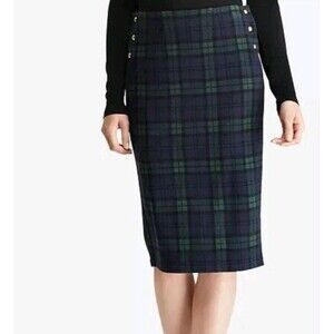 LAUREN RALPH LAUREN Plaid Jacquard Midi Pencil Skirt Side Gold Button Tartan S